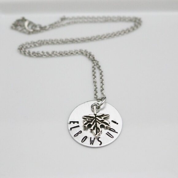 Elbows Up! Maple Leaf Hand Stamped Pendant Necklace - Handmade & Hypoallergenic - Picture 8 of 11